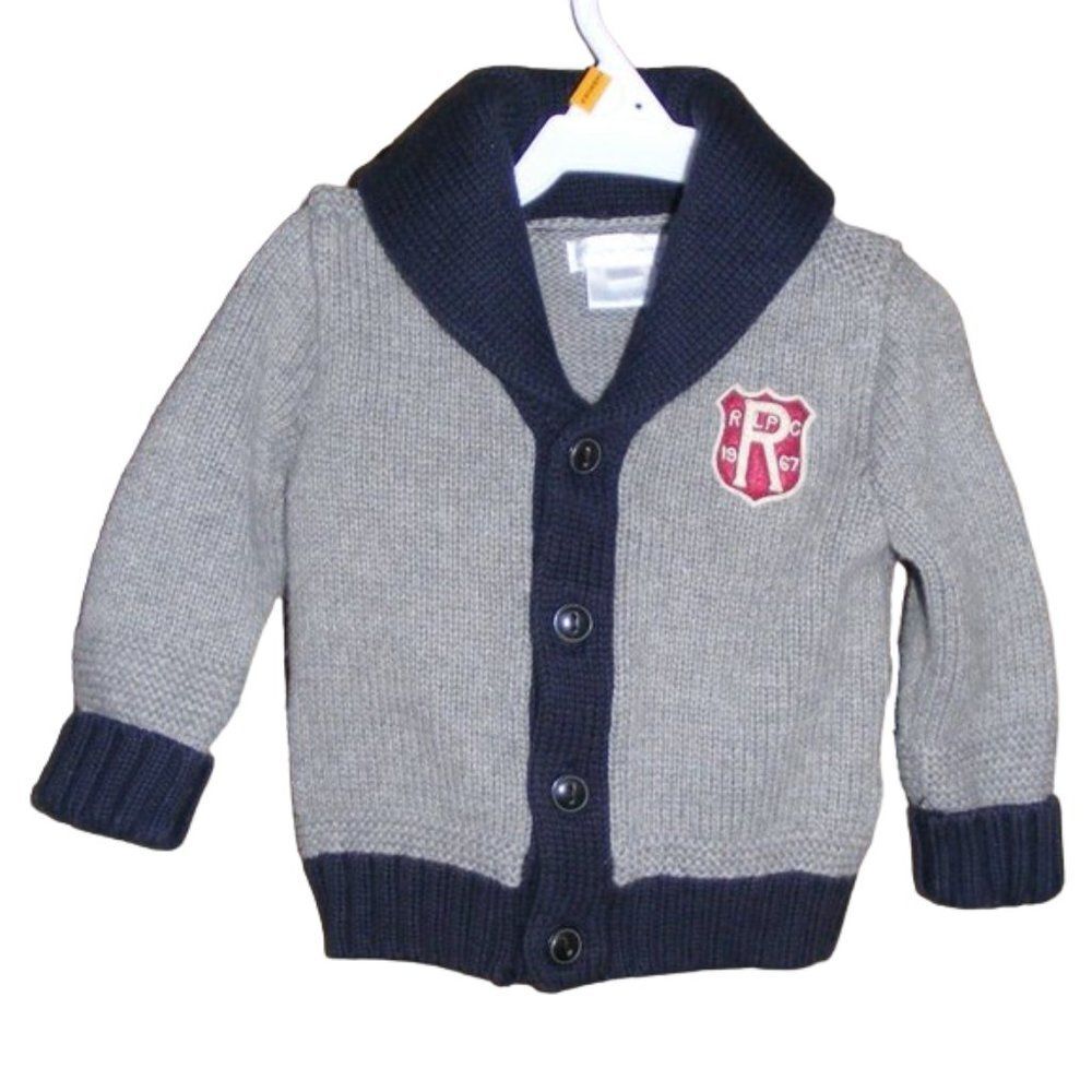RALPH LAUREN Cardigan, 6m, Crested, Shawl collar, Grey/Black Cotton, Long sleeve